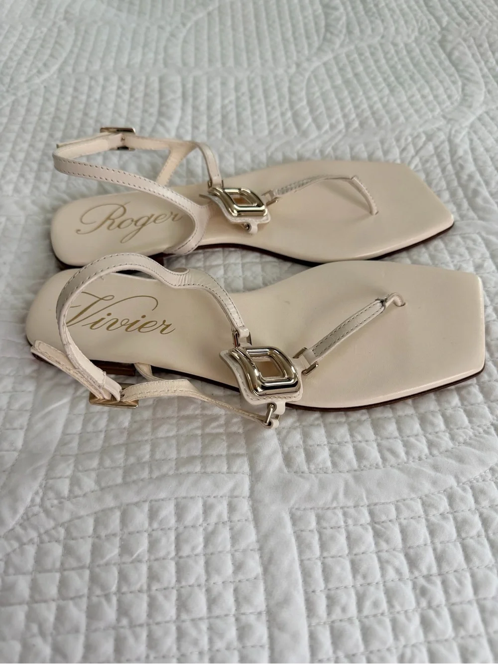 Roger Vivier Ivory Leather T-Strap Sandals with Gold Buckles